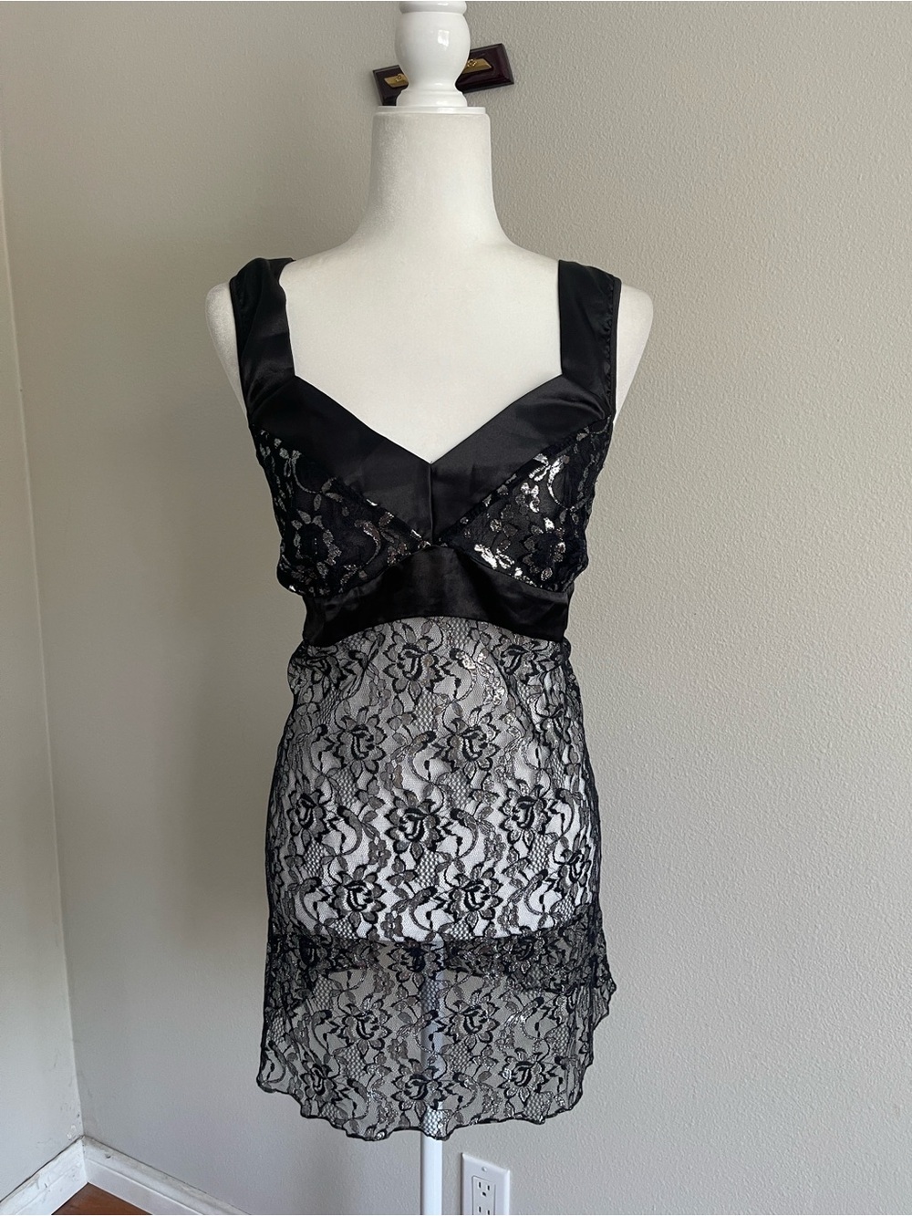Black Lace Satin Chemise Slip - Women's Intimates